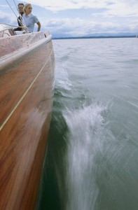 Boat in motion with couple on board